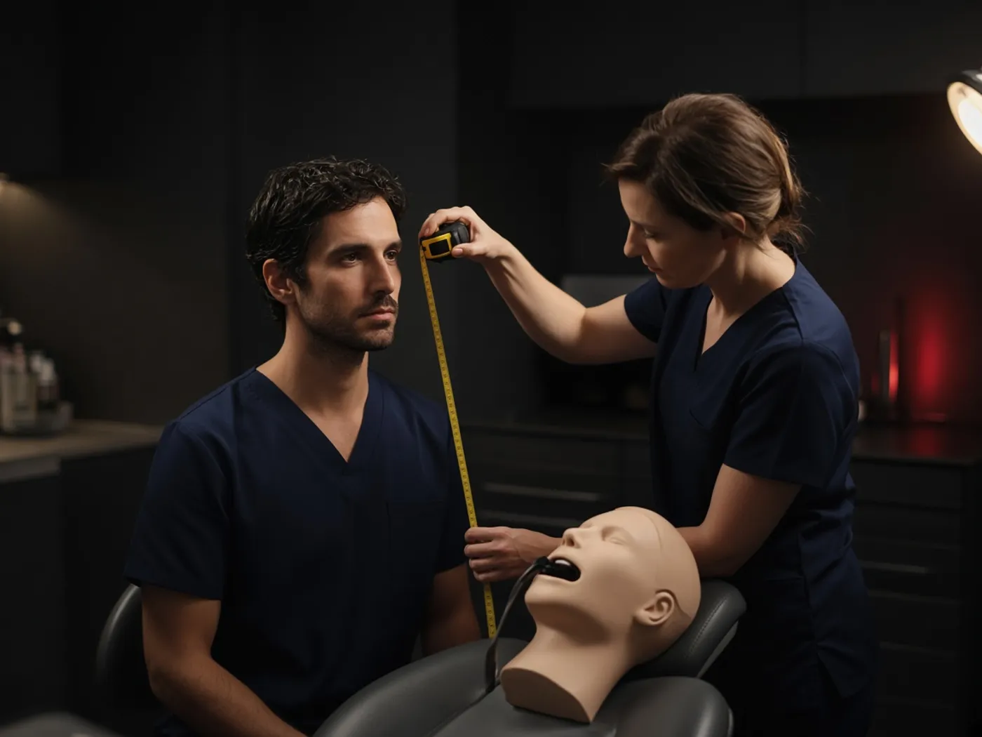 A colleague measures a dentist's working distance at the dental chair