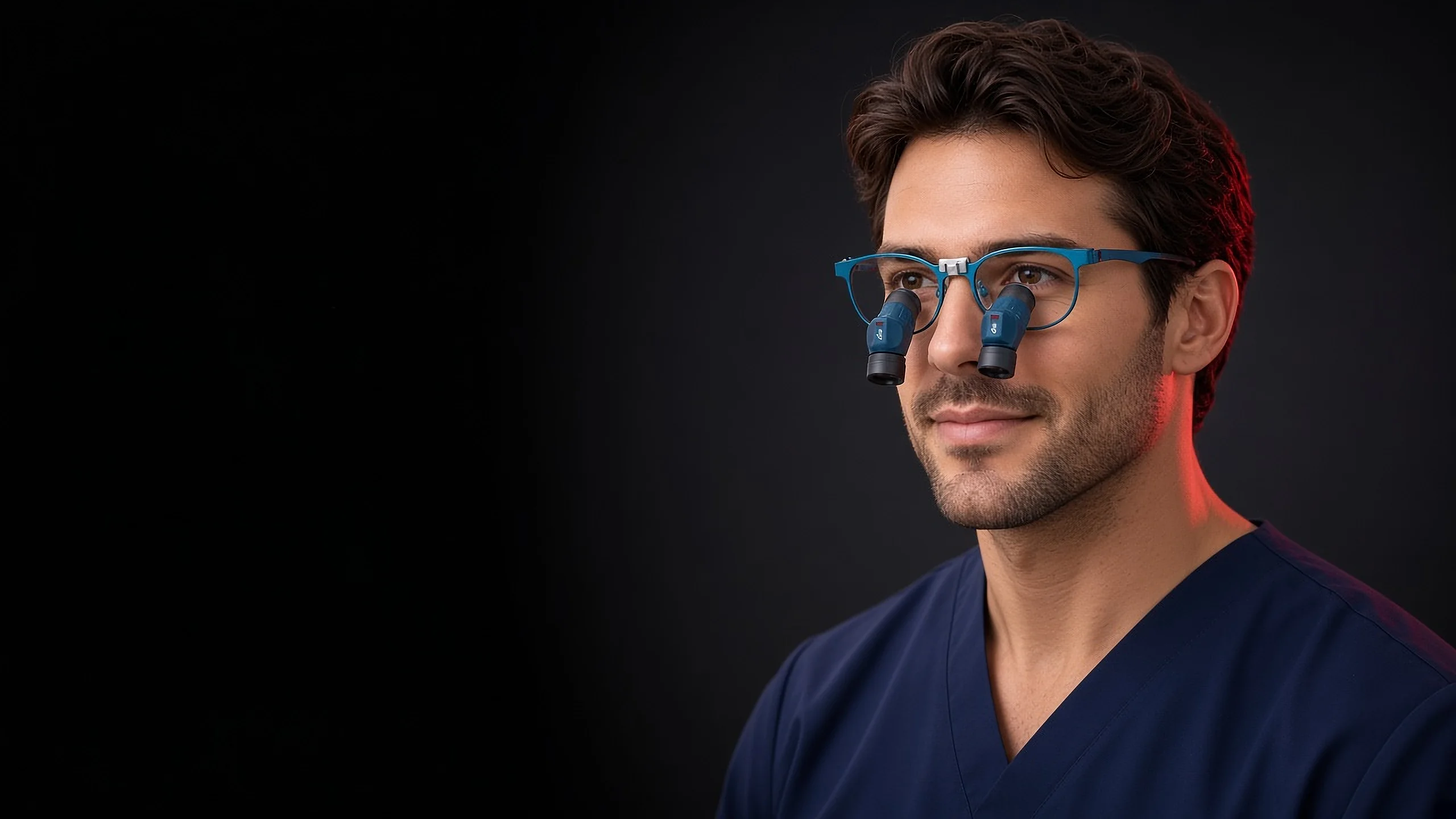 A dentist wearing ELEVATE ergo loupes in ocean titanium