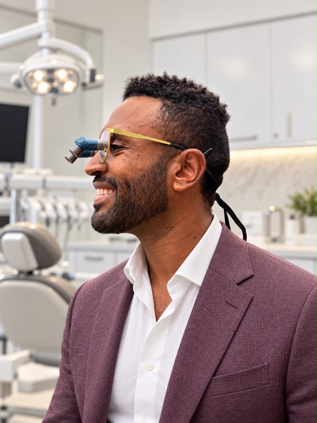 Clinician wearing gold frames and blue ergonomic dental loupes